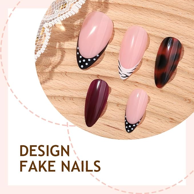 Brown Press on Nails Short Almond Fake Nails Fall Winter Nails Press ons with Tortoise,Polka Dots Design,Reusable Artificial Nail Full Cover Stick on Nails for Women Manicure 24Pcs