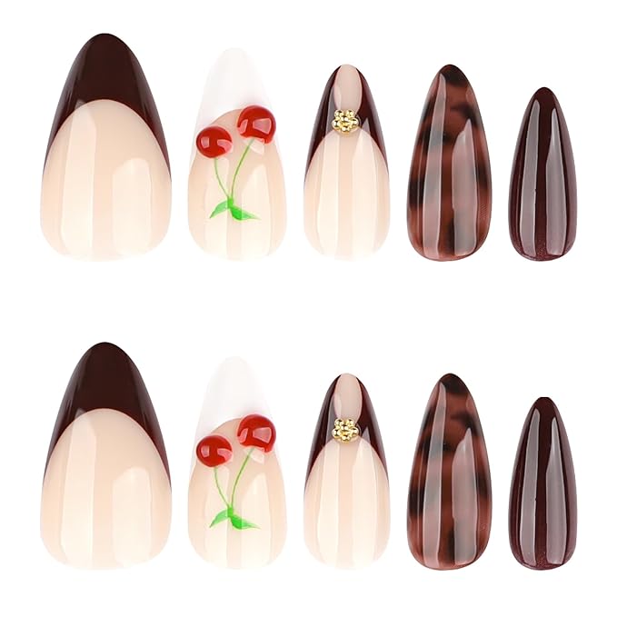 Medium Press on Nails Almond - Winter Brown Fake Nails with Cherry Pattern Design - French Tip Glossy Full Cover Stick on False Nails - for Women 24 Pcs