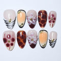10Pcs Short Almond Handmade Press On Nails | Nude Pink & Brown Ombre with Tortoiseshell Print, 3D Floral & Gold Bead Decor | Reusable Salon-Quality Fake Nails for Women and Girls (251212, XS)