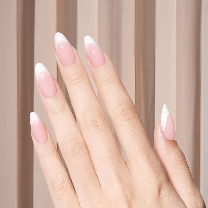 AILLSA French Gel Nail Tips,180 Pcs Pink Medium Almond French Tip Press On Nails, Pre-Applied Primer & Base Coat, No Need File, Almond Fake Nails Press ons with Designs 15 Sizes