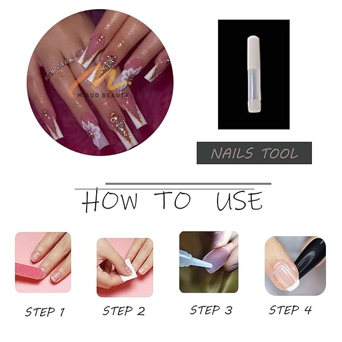 MISUD Press on Nails - Long Square Fake Nails with White French Tip, Acrylic Bling Gold Glitter Rhinestone Design 24 pcs