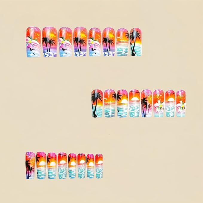 Waves French Tip Press On Nails, Medium Long Square Acrylic False Nails, 24 Pcs/Box, Multicolor, Summer Sea Pattern, Glossy Finish, Kit, Full Well Tips