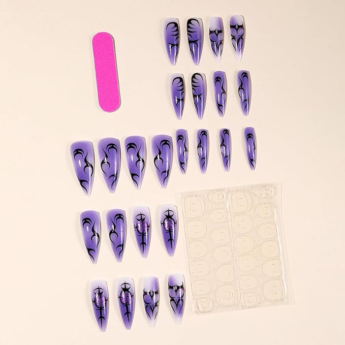 Halloween Press on Nails Long Stiletto Fake Nails Purple Artificial Nail Press ons with Black Charm Designs Designs Stick on Nail for Women 24pcs