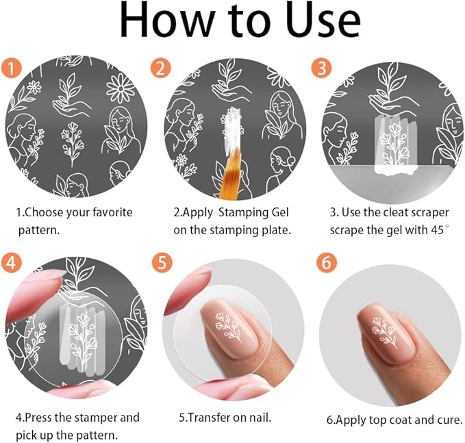 PH PandaHall 4pcs Abstract Face Nails Stamping Plate Flower Leaves Nail Design Stamper Female Figures Nail Art Template Geometric Patterns Nails Image Plates for Women DIY Manicure Salon Printing