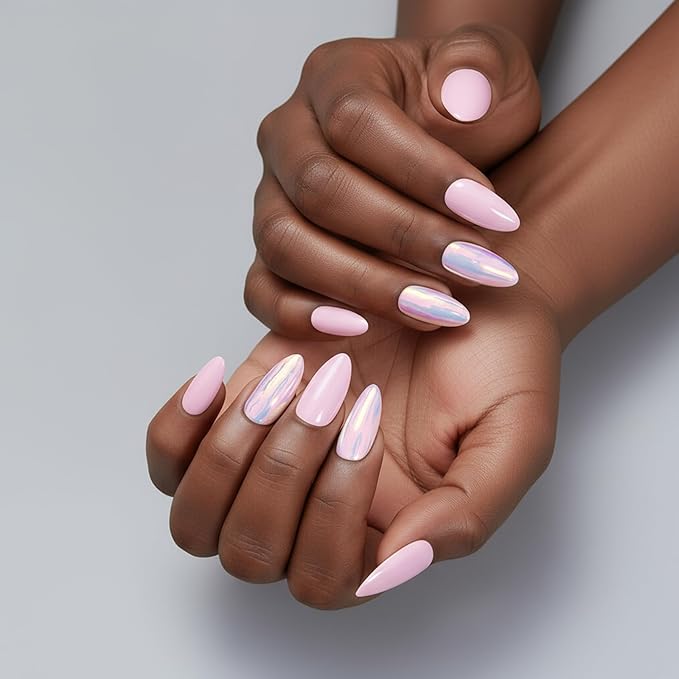 Acrylic Press On Nails Almond - Iridescent Pink Glow False Nails Elegant Durable Salon Quality for Work or Date, 24 Nails in 12 Sizes with Glue, Tabs, File, Prep Pad, Stick