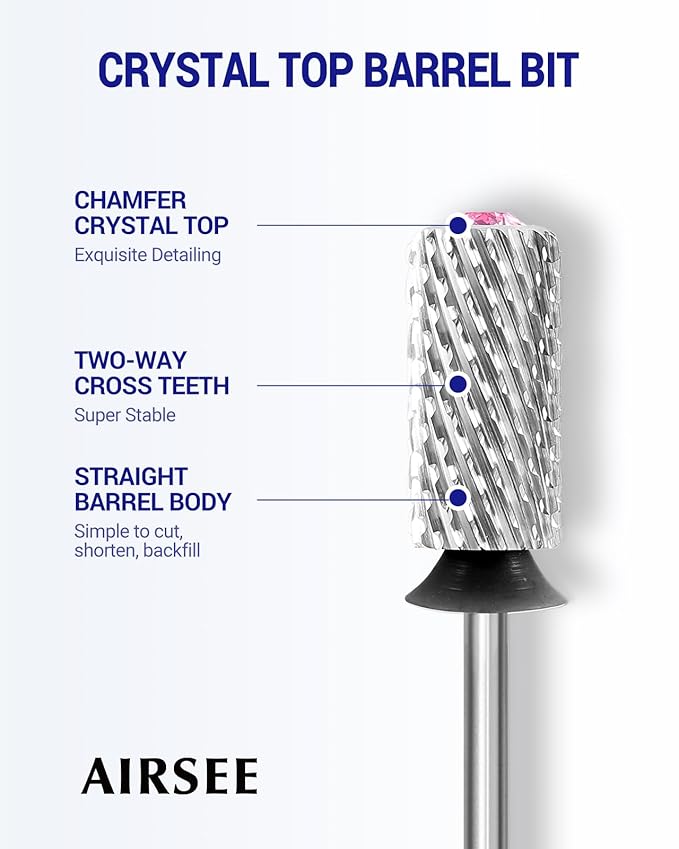 AIRSEE Tungsten Carbide Acrylic Nail Drill Bit Efile Electric File Machine Head Tip for Manicure Polishing Art Remove Gel 3/32" 2 Way Beginner Safety Pink Crystal Top Barrel Extra Coarse-XC