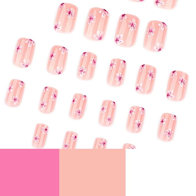 Press on Nails Square - Short Fake Nails with Pink Flower Design - Cute, Spring False Nails Press ons - for Women 24 Pcs