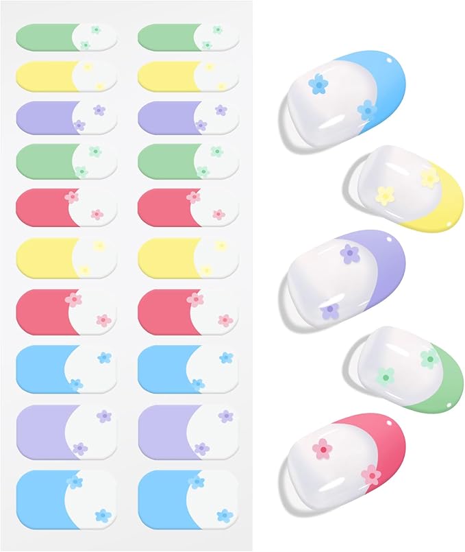 JMEOWIO Gel Nail Stickers Colorful Flower French Tip Semi Cured Gel Nail Strips Wraps UV/LED Nails Art Design Decoration Accessories