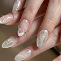 Almond Press on Nails - Short Fake Nails with Flower & Golden Frame Design, White French Tip False Nails, Glossy Acrylic Full Cover Stick on Nails for Women Manicure 30Pcs