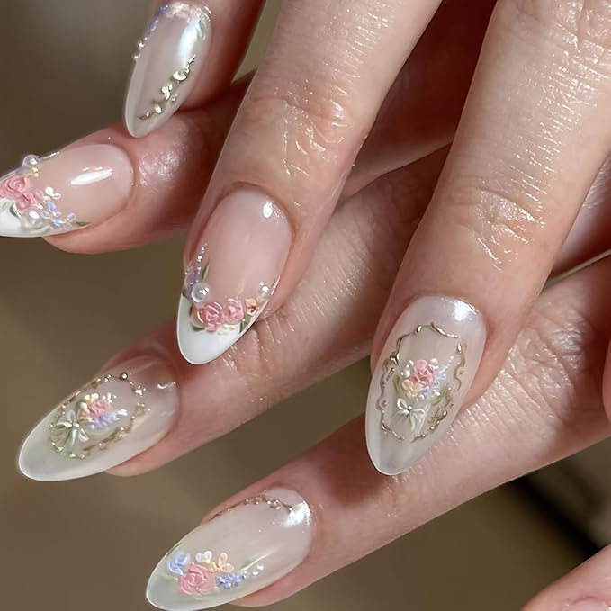 Almond Press on Nails - Short Fake Nails with Flower & Golden Frame Design, White French Tip False Nails, Glossy Acrylic Full Cover Stick on Nails for Women Manicure 30Pcs