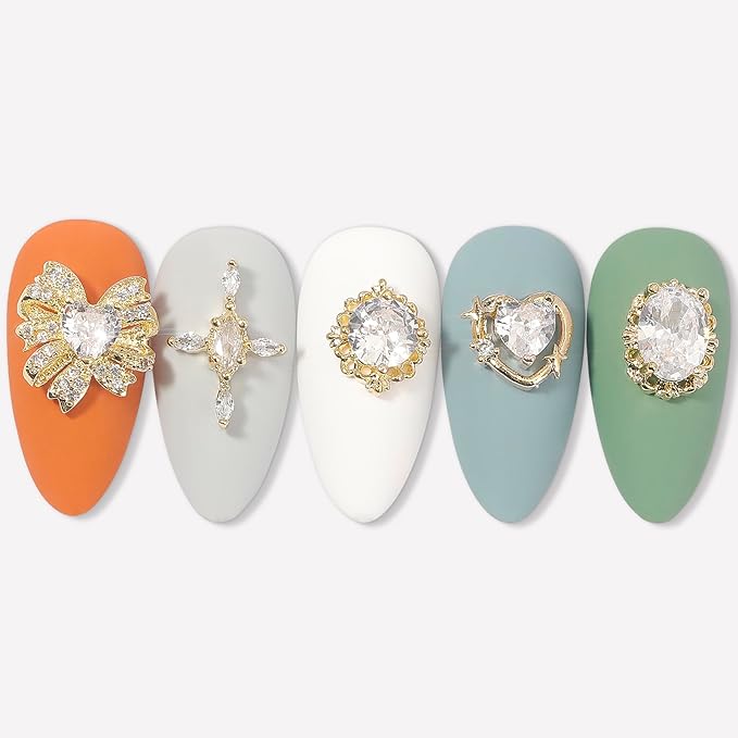 HNUIX Nail Charms and Gems - Gold Copper Zircon, Multiple Shapes 3D Dangle, Metal LuxuryJewelry Rhinestones for Nails 20 Pieces