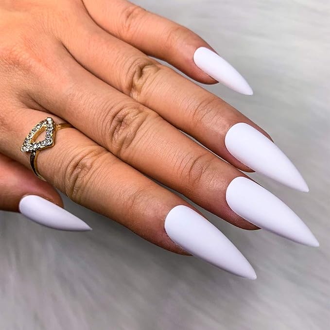 Morily 24pcs Fake Nails Matte Pure Color Medium Long Stiletto Almond Press on Nails False Tips Artificial Finger Manicure for Women (White)