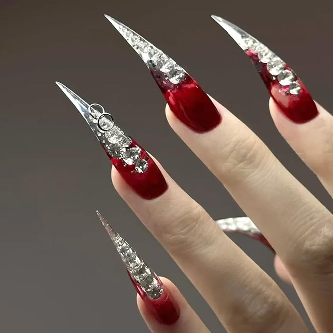 Halloween Press on Claw Nails Long Stiletto Red Diamond Gothic Style Press on Nails Reusable Thick Acrylic Cat Dragon Claw False Nails with Designs Eagle Claw Glossy Glue on Nail