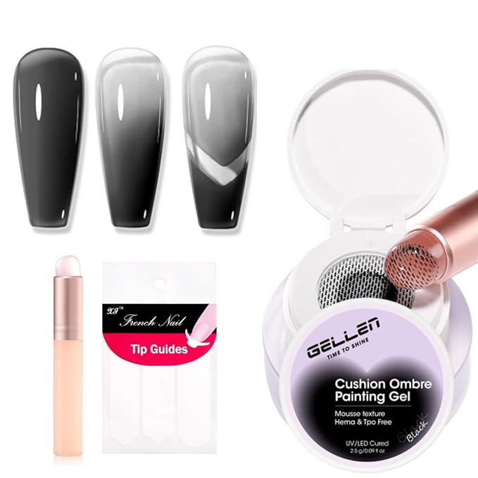 GELLEN Cushion Patting Gel Polish, Ombre Black Nail Polish, Pat Pat Painting Gel for Drawing Liner French Nail with Silicone Brush & 36pcs French Tip Guide