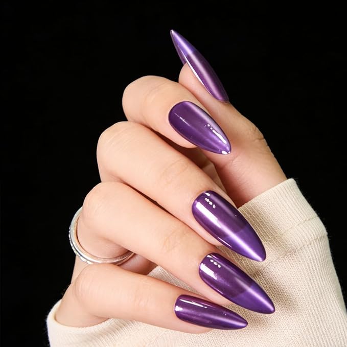 Cat Eye Press on Nails Medium, Fashion Purple Glitter Press on Nails, Soft Gel Fake Nails, Reusable & Natural Acrylic False Nails, Stick on Nails for Women Gift, Glue on Nails Kit 30 Pcs