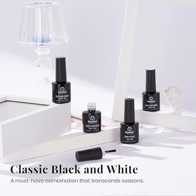 Beetles Gel Nail Polish Set - 4 Colors Black & White Collection with Base & No Wipe Top Coat | Long Lasting Soak Off UV LED Nail Gel Kit for DIY Home & Salon Use, Gift for Women