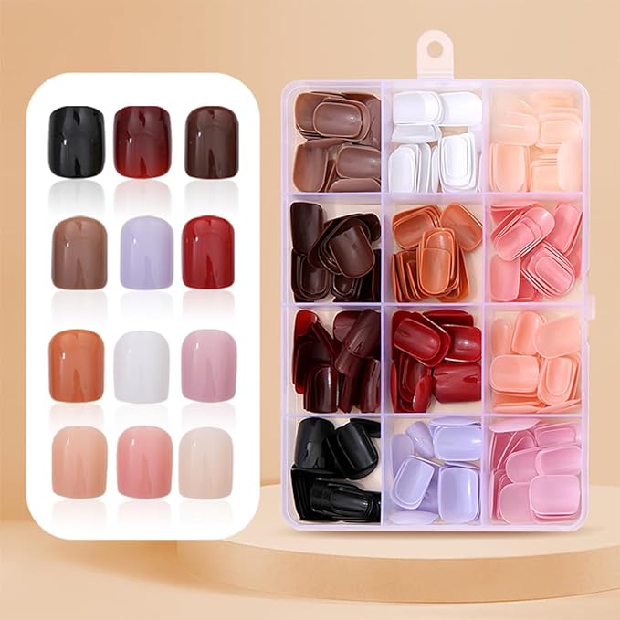 288 Pcs Press On Nails Short Square Fake Nails Press Ons Set Solid Color False Nails Full Cover Acrylic Glue on Nails Reusable Glossy Artificial Nail Kit for Women Girls Manicure 12 Color