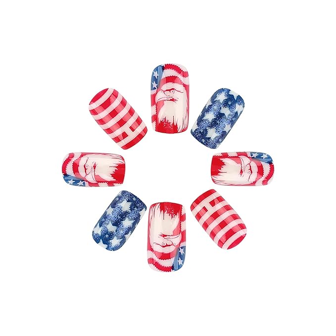 4th of July Press on Nails Medium Square America Flag Fake Nails Bald Eagle False Nails with Designs Full Cover Glossy Glue on Nails Acrylic Nails Manicure Artificial Nails for Women Girls 24Pcs