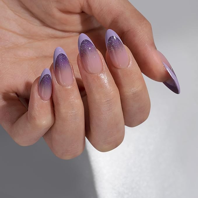 BTArtbox French Tip Press On Nails - Almond Ombre Press On Nails Medium, Glue On Nails with Glitters, Supremely Fit & Natural Reusable Stick On Nails in 15 Sizes, Twilight