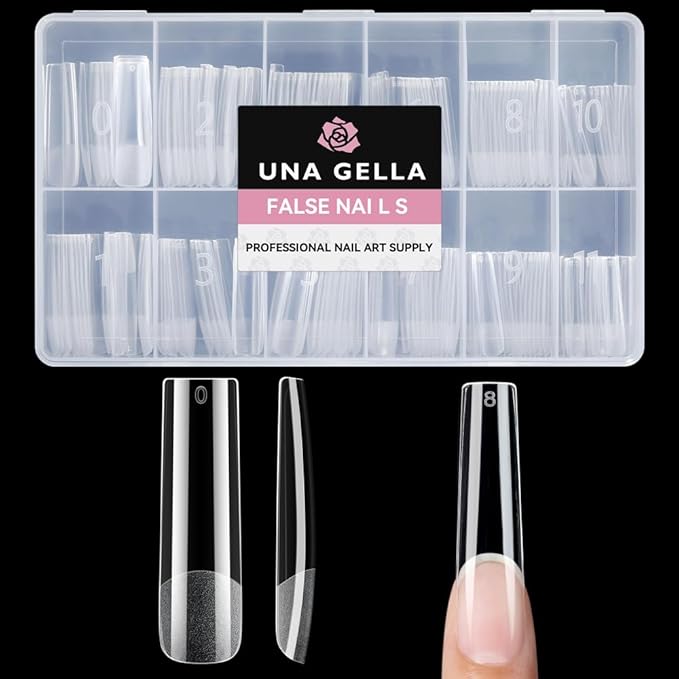 UNA GELLA Nail Tips Square XXL Long: Full Cover Pre-file Square Straignt Gel Nail Tips No C Curve for DIY Press On Nails 216PCS, 12 Sizes Gel Nail Extensions Art Salon