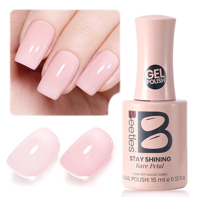 Beetles Stay Shining Bare Petal Nude Gel Nail Polish - 15ml Jelly Neutral Nude Pink Gel Polish Base Color Nail Concealer Sheer Pink Soak Off UV Translucent Effect Manicure Gift for Women