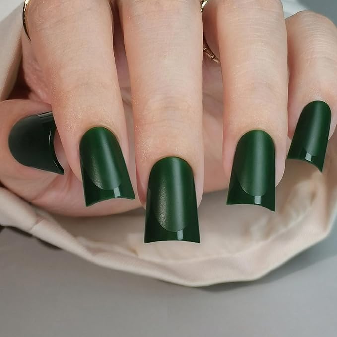 Green French Press on Nails Short Duckbill - Matte Dark Green with Glossy French Tip Fake Nails, Soft Gel Reusable Fall Autumn Acrylic False Stick On Nails for Women Gift, 30PCS 15 Sizes