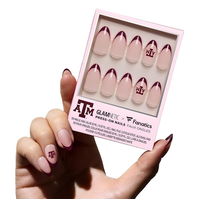 Glamnetic x Fanatics Press On Nails - Texas A&M Aggies | Short Almond Fake Nails, Collegiate Aggies Red French Tips, College Nails, Salon-Quality | 15 Sizes - 30 Nail Kit with Glue