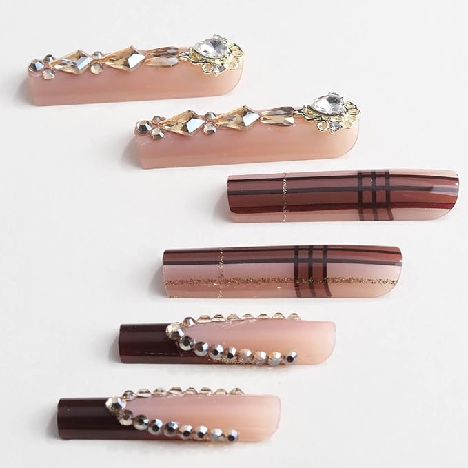 Long Press on Nails Square Xl Fake Nails French Tip Glue on Nail with Designs False Nails Rhinestones Acrylic Long Square Nails Press Ons Stick on Nail for Women 24Pcs
