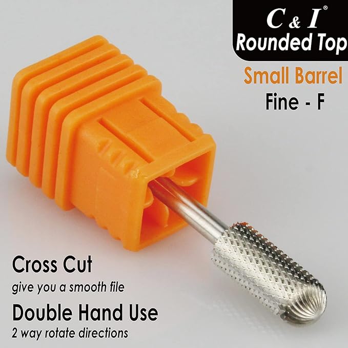 C & I Small Barrel Rounded Top Nail Drill Bit with Teeth on the Top, Professional Electric File for Manicure Drill Machine, Remove Nail Gels 3/32” (Fine -F)