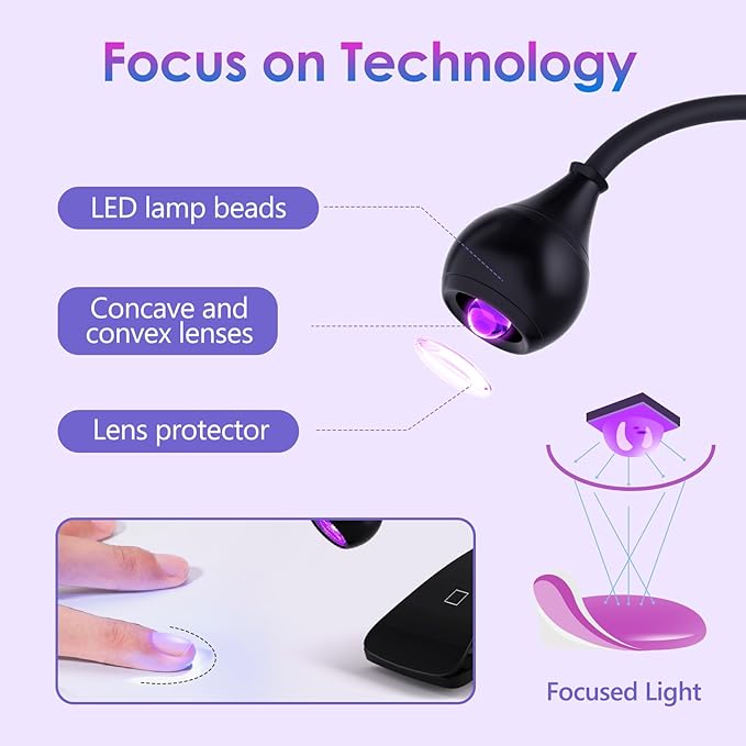 AORAEM UV Nail Lamp 3W Rechargeable Gooseneck UV Light for Gel Nails Touch Flash Cure Lamp Nail Dryer with Clamp, Portable LED Gel Light 3 Level Timing Home Professional DIY Manicure Salon, Black