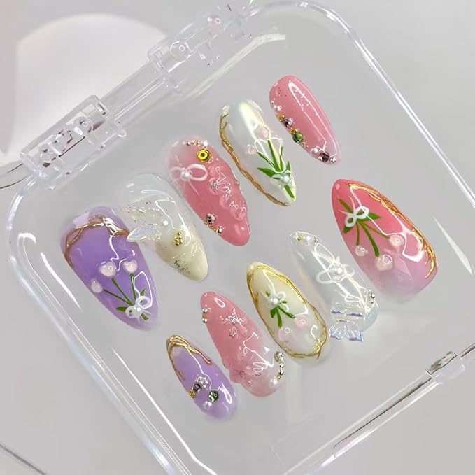 Press On Nails Handmade French Nails for Women, Reusable Medium Almond False Nails, 10PCS ABS Artificial Fingernails with Tip Designs for Salon & Home Use Size L