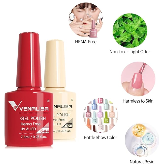 VENALISA VIP5 65PCS Gel Nail Polish Set, 60 Colors Glitter Jelly White Nude Pink Red Green Brown Gel Polish Kit with Base Top Coat Nails Manicure Salon at Home