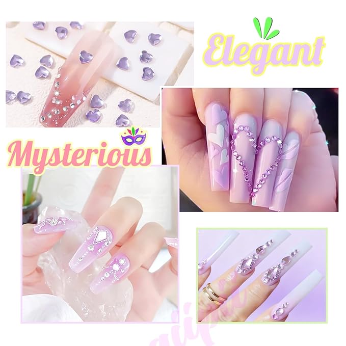 2052Pcs Amethyst Purple Nail Rhinestones Glass Light Purple Rhinestones for Nails 72 Multi Shapes Big Gems +1980 Flatback Round Beads Crystals Diamonds Jewels Nail Art Charms for Faces Makeup