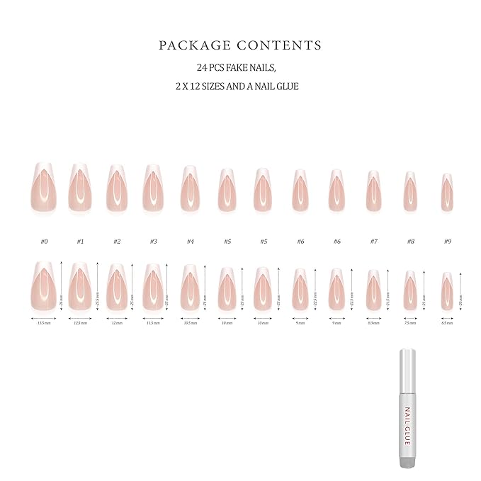 Hypnaughty 24 Pcs Modern White French Coffin Press On Nails with Design and Glue Medium Long Glue on Nails Nude Color False Nails (Modern White French)