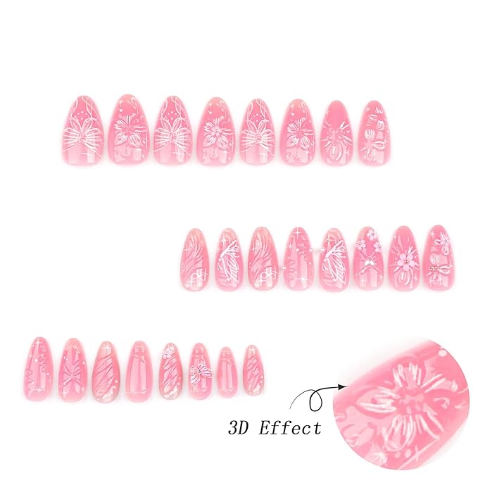 24Pcs Pink Press on Nails Medium Almond Fake Nails with 3D Flower Butterfly Designs Stick on Nails Bow False Nails Spring Summer Floral Acrylic Nails Gold Bead Glue on Nails for Women Nail Supplies
