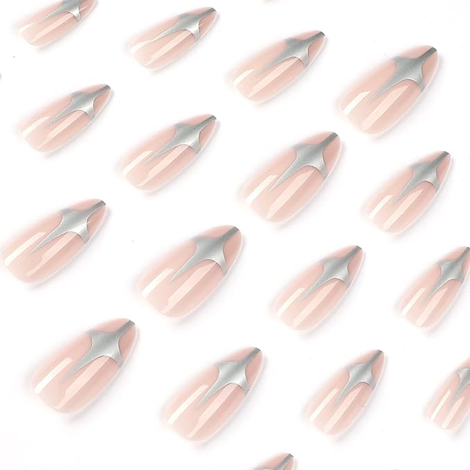 Press On Nails - Doji Star Nude Nails, 24 Pcs Reusable Silve Nude Fake Nails with Medium Almond Shape, Design for Women and Girls