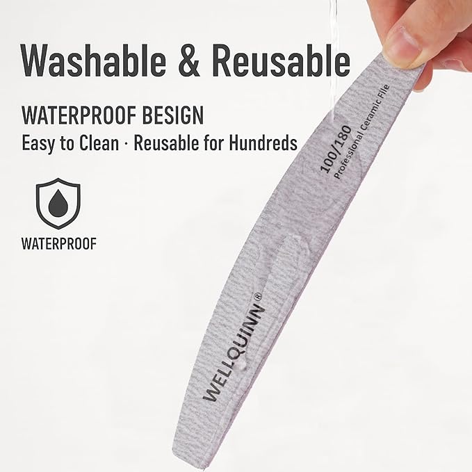 Professional Nail Files, Ceramic Board 100/180 Grit for Nails, 10 Pcs Washable Coarse Fingernail File for Acrylic and Extension Gel Removal Manicure Kit Salon Home Use, Grey
