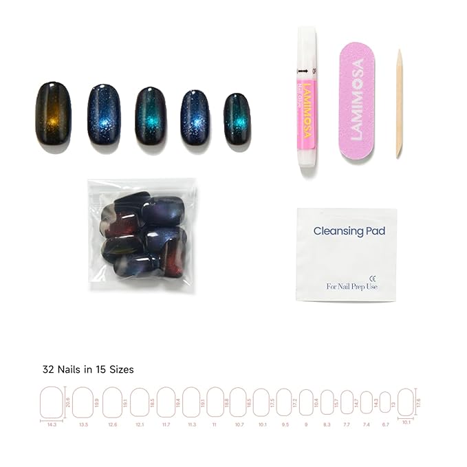 LAMIMOSA 32Pcs Cat Eye Press On Nails Short Round, Soft Gel Black Fake Nails in 16 Sizes, Reusable Glue on Nails Kit, GALAXY