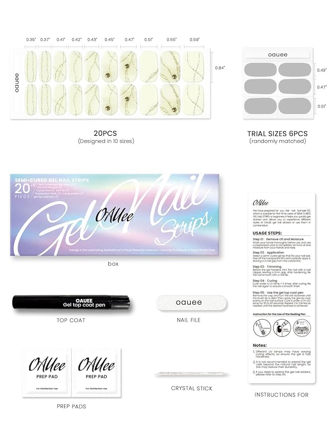 Semi Cured Gel Nail Strips | Built-In Gel Top Coat | UV Light Required | Salon Quality, Easy Application And Removal (Golden Whisper)