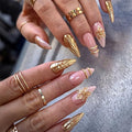 Long Almond Shape Press on Nails Pink Gold Luxury Fake Nails Nude Stick on Nail for Women 24pcs