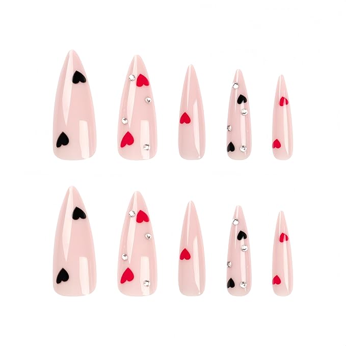 24Pcs Valentines Press on Nails Long Almond Fake Nails Black Red Heart with Rhinestones Design False Nails Romantic Peach Heart Full Cover Glue on Nail Stick on Nails Acrylic Nail for Women DIY Kit