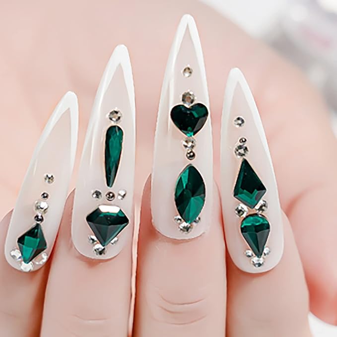 Walacot 1650 Pcs Crystal Nail Rhinestone Kit Green Red Champagne Color with Round Flat Back and Mixed Shapes Rhinestone Nail Art DIY Gem Bead for Girls Women