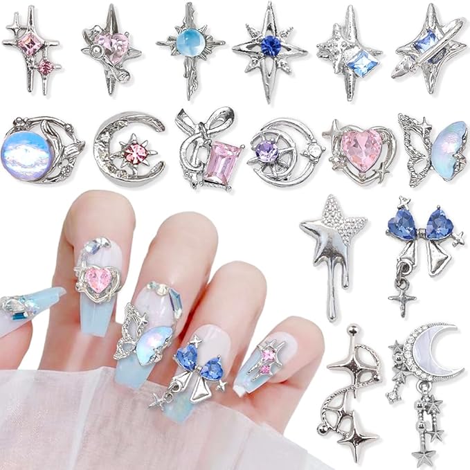 16 Styles Luxury Moon Star Nail Charms for Acrylic Nails Alloy Rhinestone Star Moon Nail Art Charms 3D Bow Butterfly Silver Nail Charms Y2k Nail Accessories Metal Nail Jewels for Nail Art Supplies