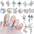 16 Styles Luxury Moon Star Nail Charms for Acrylic Nails Alloy Rhinestone Star Moon Nail Art Charms 3D Bow Butterfly Silver Nail Charms Y2k Nail Accessories Metal Nail Jewels for Nail Art Supplies