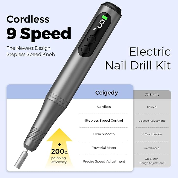 Electric Nail Drill Kit, Electric Nail File Cordless Nail Drill Machine for Acrylic Gel Dip Powder Nails, Professional Portable Manicure Pedicure Rechargeable Lightweight for Home Salon Use