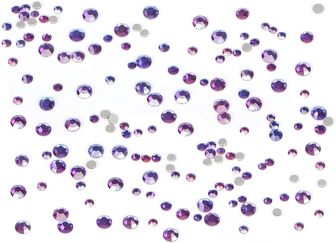 Bymitel 7200 Pieces 6 Mixed Sizes Glue Fix on Glass Rhinestones Round Crystal Gems Flatback for DIY Jewelry Making with one Picking Pen(6-Sizes 7200PCS, Purple Velvet)