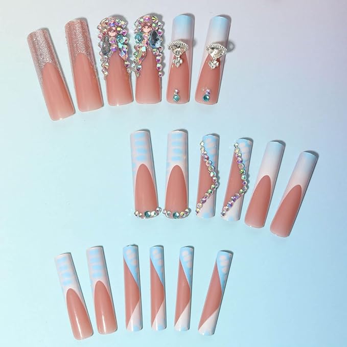 Long Square Press on Nails Blue Ombre False Nails French Tip Fake Nails with Design Nails Rhinestones Acrylic Long Nail Press ons Glitter Glue on Nail for Women 24Pcs