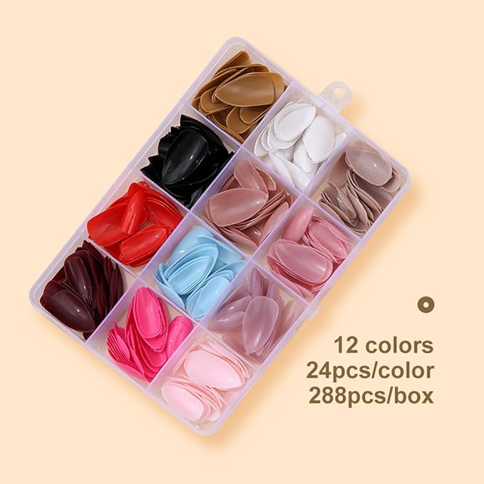 288Pcs Press On Nails Short Almond Fake Nails Solid Color False Nails Press Ons Set Full Cover Acrylic Glue on Nails Reusable Glossy Artificial Nail Kit for Women Girls Nail Art Decoration 12 Color
