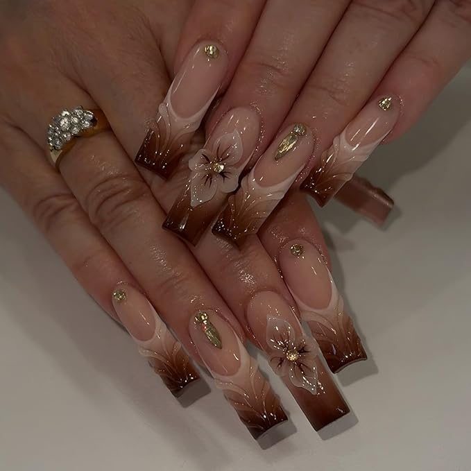Square Press on Nails Long Ombre Brown Fake Nail3D Flowers Charm Acrylic Nail Press ons with Embossed and Rhinestones Design Stick on Nails for Women 24pcs