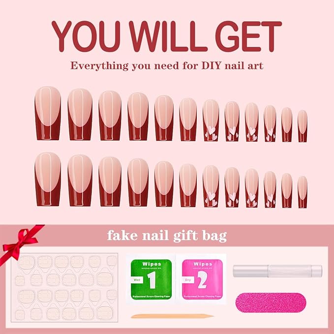 Yivaiks Red French Tip Press on Nails Medium Coffin Valentines Day Fake Nails With Designs Heart Acrylic Nails Press ons Full Cover Artificial Stick on Nails for Women Girls 24pcs